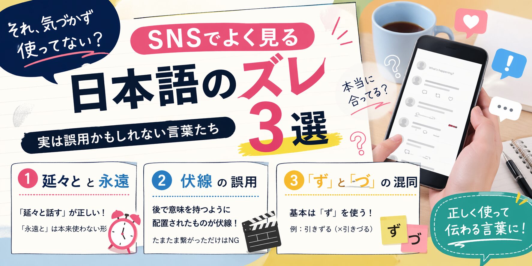 SNSで見かける日本語の誤用3例を解説｜"延々"と"永遠"の違いと伏線の正しい意味