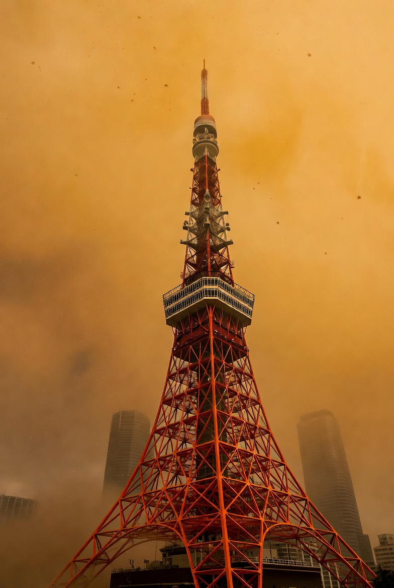 黄砂でオレンジ色に染まった東京タワー