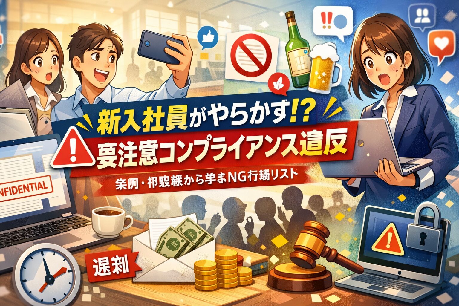 新社会人がやりがちなコンプライアンス違反を事例つきで解説し、SNS投稿や情報漏えいの注意点を整理