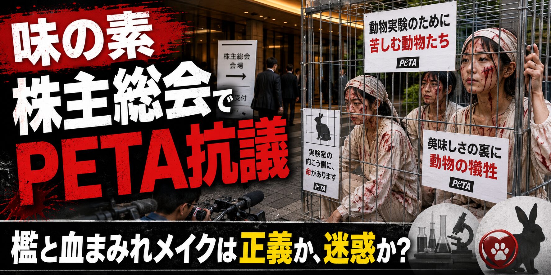 味の素株主総会で檻と血まみれメイクの抗議